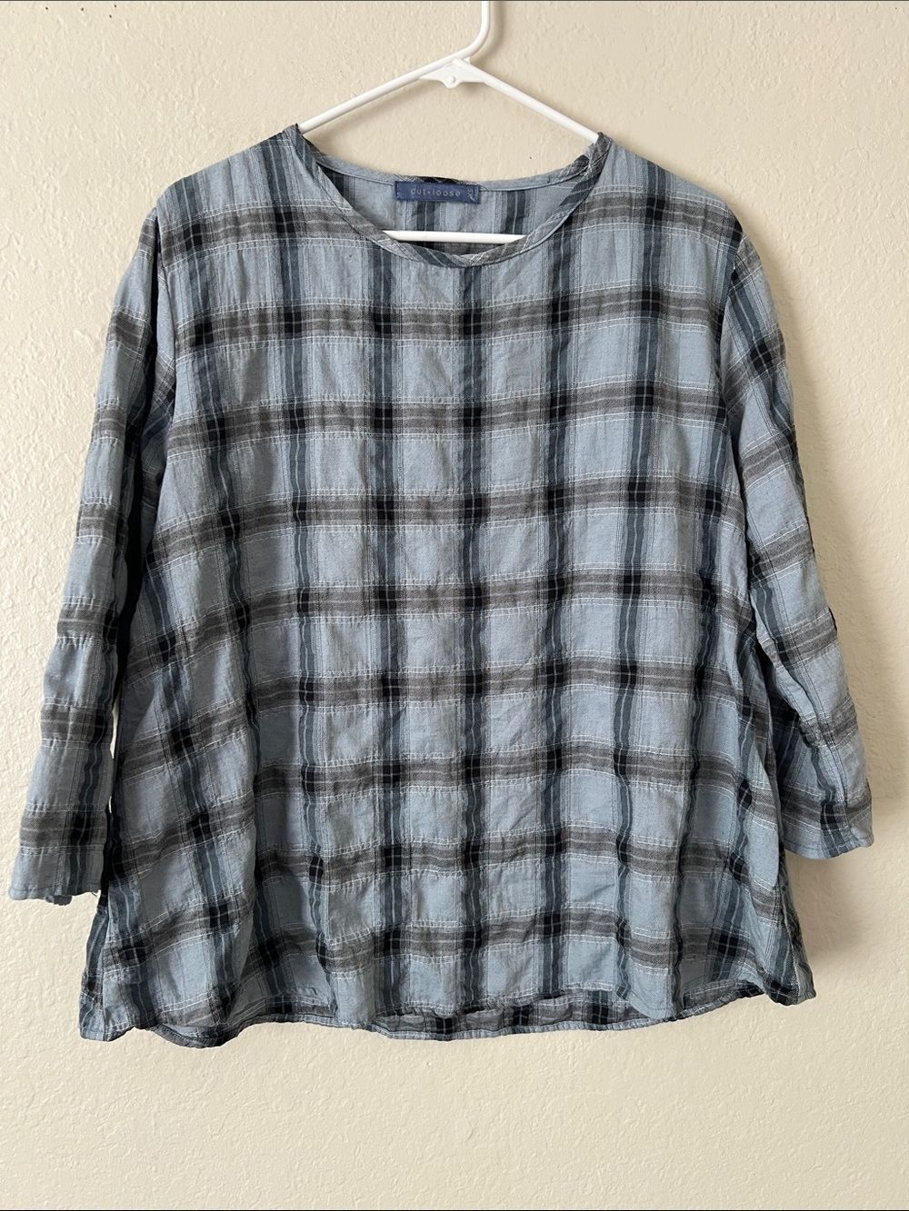 EUC CUT LOOSE Crinkle Plaid Bule Cotton/Linen Blend Size XS